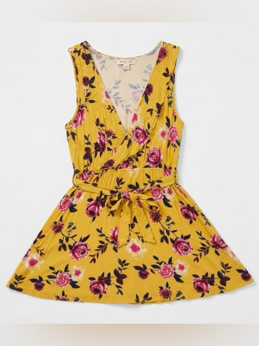 living doll Yellow Floral Wrap Mini Dress with Pink & Purple Blooms - Picture 2 of 9